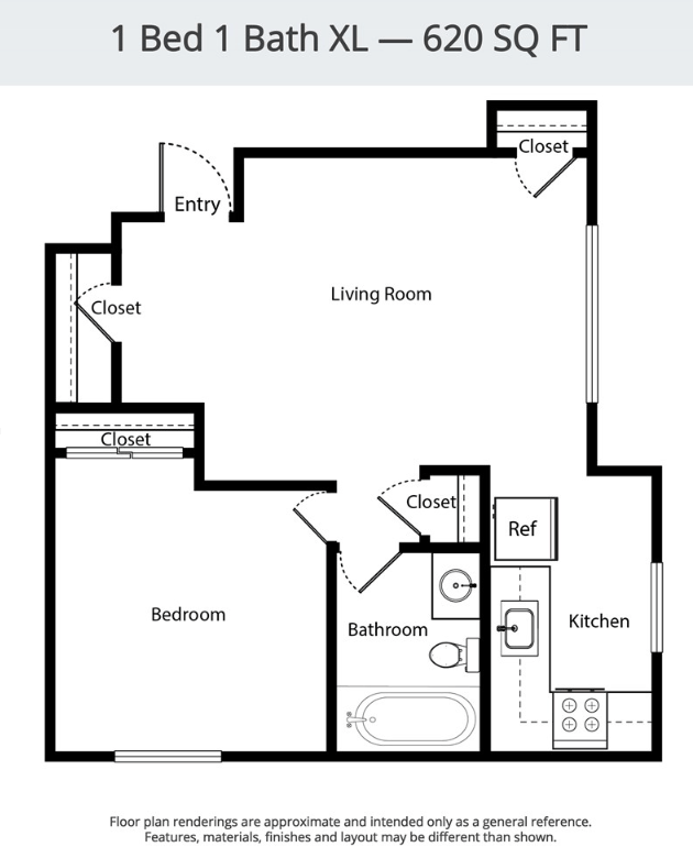 Floor plan for 1 bed, 1 bath, 620 sqft